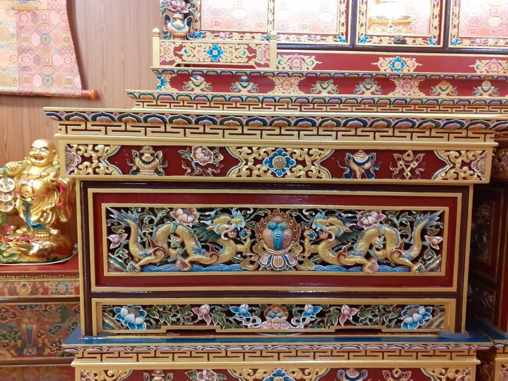 Handcarved Foldable Wooden Tibetan Buddhist Altar,Prayer table,Tibetan Alter Table,Tibetan Buddhist Altar Desk with Auspicious Symbols
