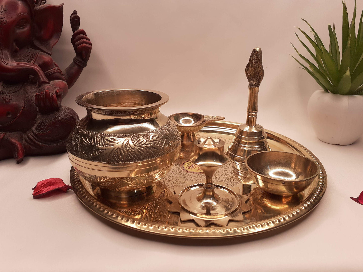 6 Piece Handicrafted Decorative Brass Pooja Thali Set for Altar ,Brass Decor for Mandir,Ethnic Puja Items,Bhog Plate For Indian Festival