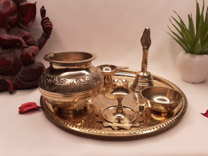 6 Piece Handicrafted Decorative Brass Pooja Thali Set for Altar ,Brass Decor for Mandir,Ethnic Puja Items,Bhog Plate For Indian Festival