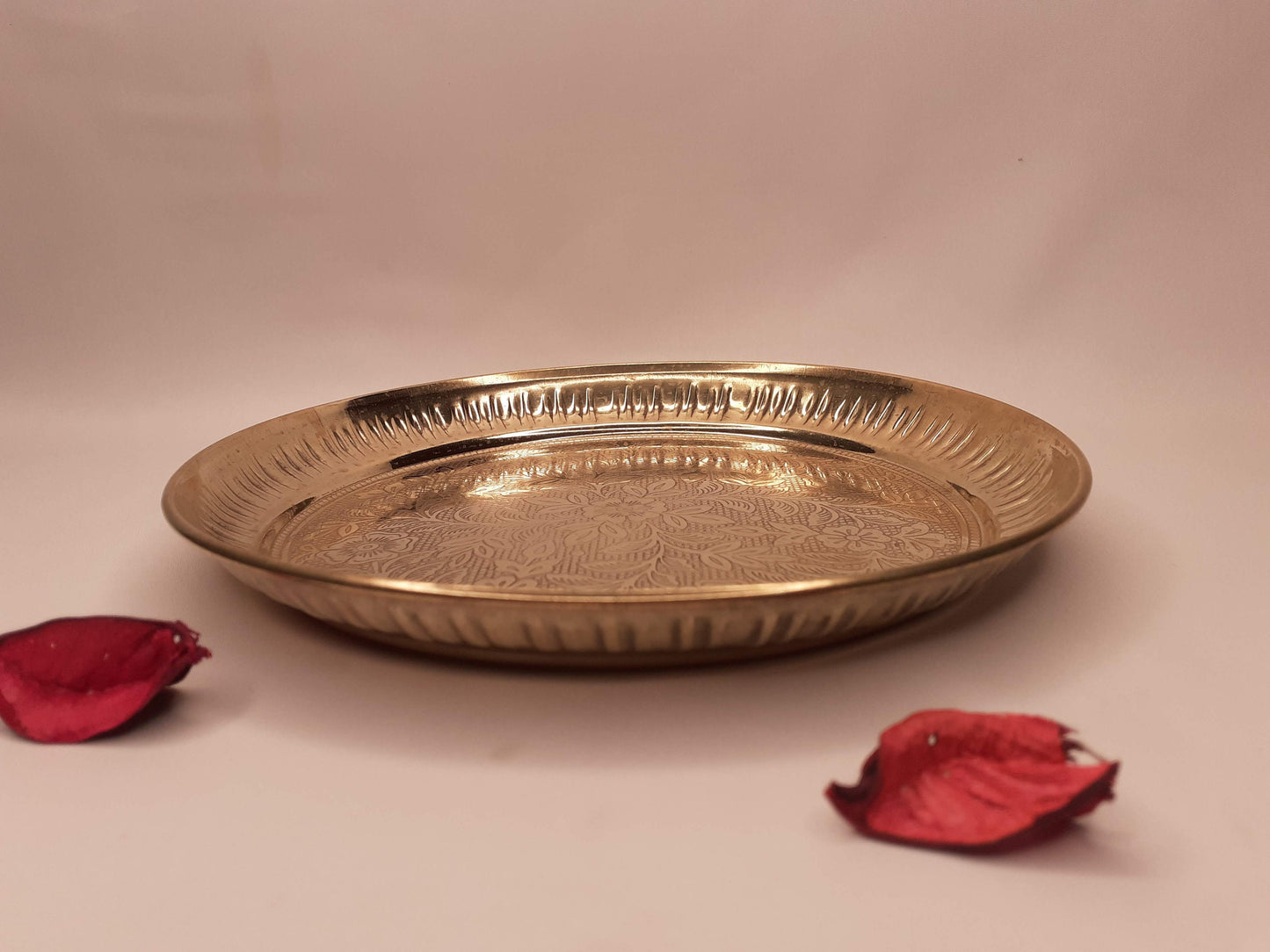 Decorative Handcrafted Floral Brass Ritual Prayer Offering Plate,Handmade  Puja Thali with Flower Embossed Design,Brass Altar Plate/Decore