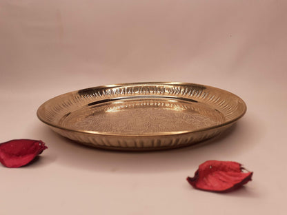 Decorative Handcrafted Floral Brass Ritual Prayer Offering Plate,Handmade  Puja Thali with Flower Embossed Design,Brass Altar Plate/Decore