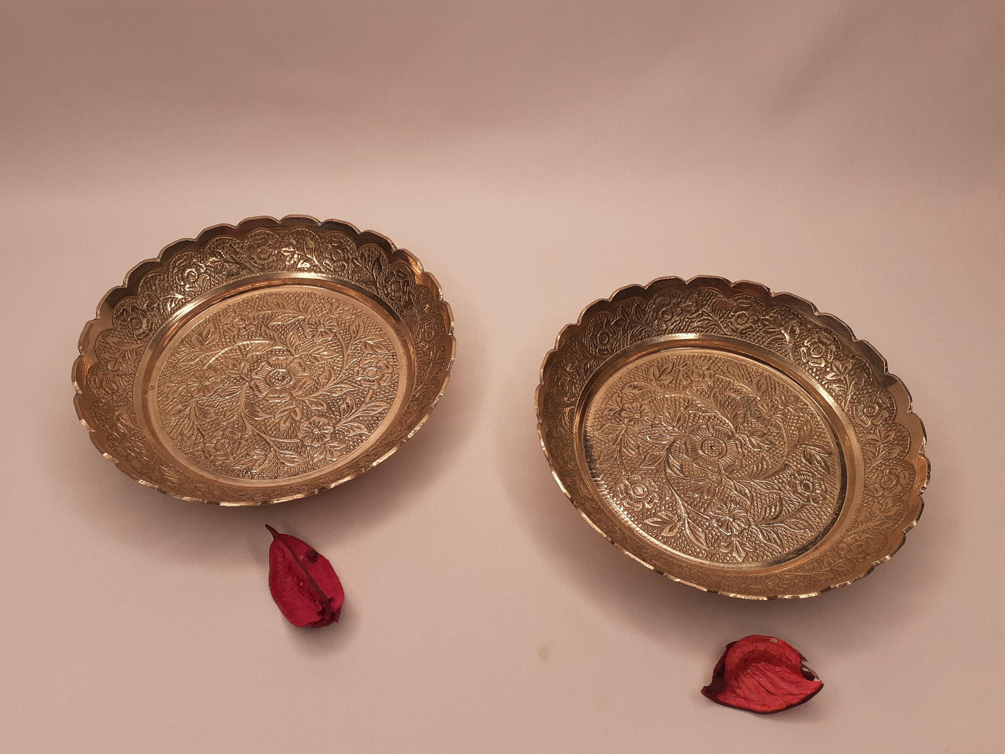 Decorative Handcrafted Floral Brass Ritual Prayer Offering Plate,Handmade  Puja Thali with Flower Embossed Design,Brass Altar Plate/Decore