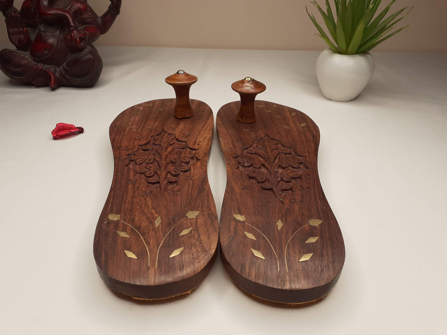 Himalayan"Yogis"Hand Carved Traditional Wooden Slippers, Wooden Charan Paduka with Brass Designed for Yogis, Wood Meditation Sandals
