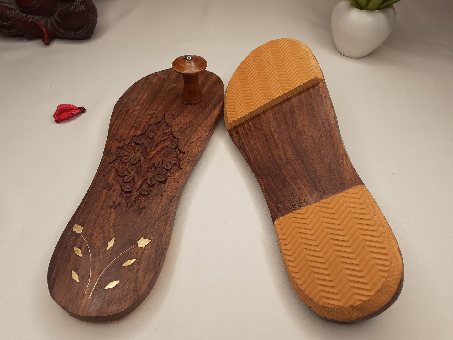 Himalayan"Yogis"Hand Carved Traditional Wooden Slippers, Wooden Charan Paduka with Brass Designed for Yogis, Wood Meditation Sandals