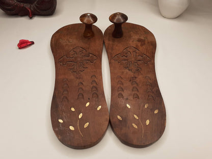 Himalayan"Yogis"Handcrafted Traditional Wooden Slippers,Unique Carved Design , Wooden Charan Paduka with Brass Designed