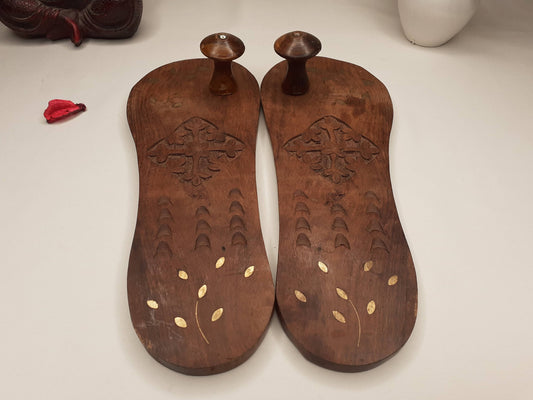 Himalayan"Yogis"Handcrafted Traditional Wooden Slippers,Unique Carved Design , Wooden Charan Paduka with Brass Designed