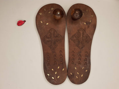 Himalayan"Yogis"Handcrafted Traditional Wooden Slippers,Unique Carved Design , Wooden Charan Paduka with Brass Designed