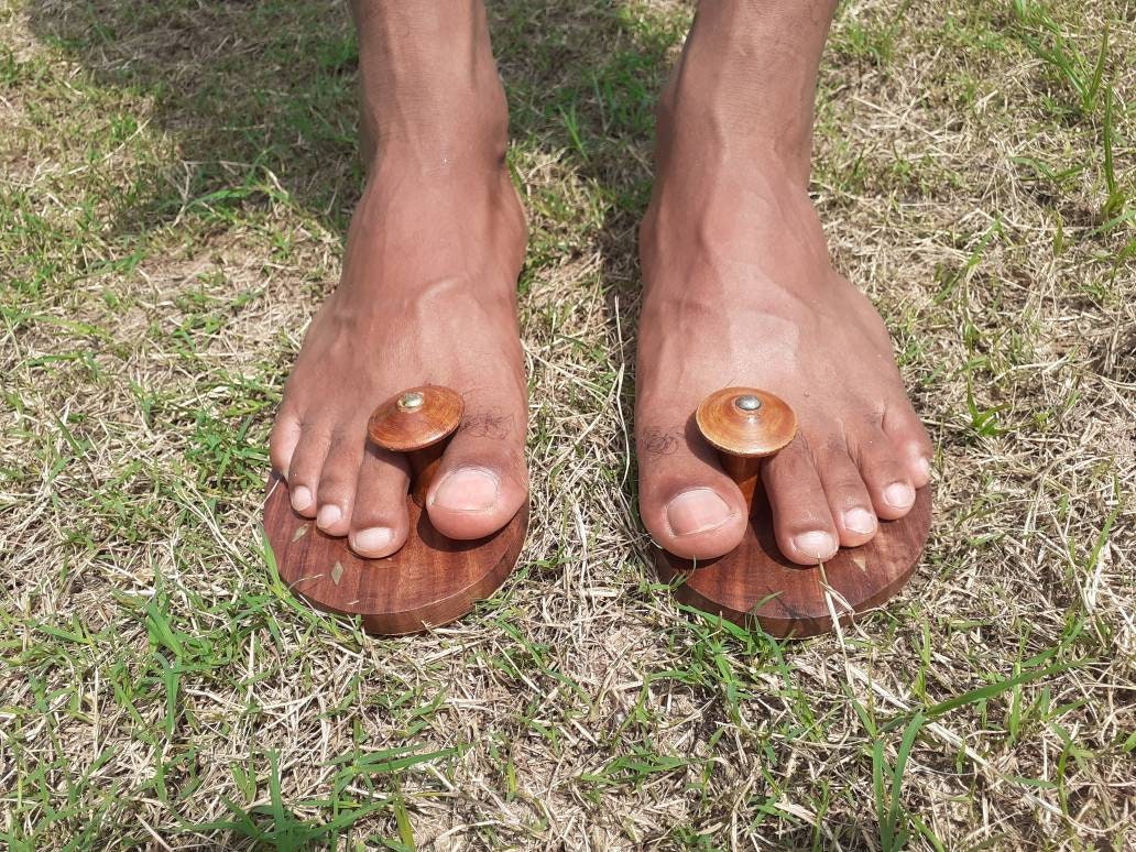 Himalayan"Yogis"Handcrafted Traditional Wooden Slippers,Unique Carved Design , Wooden Charan Paduka with Brass Designed