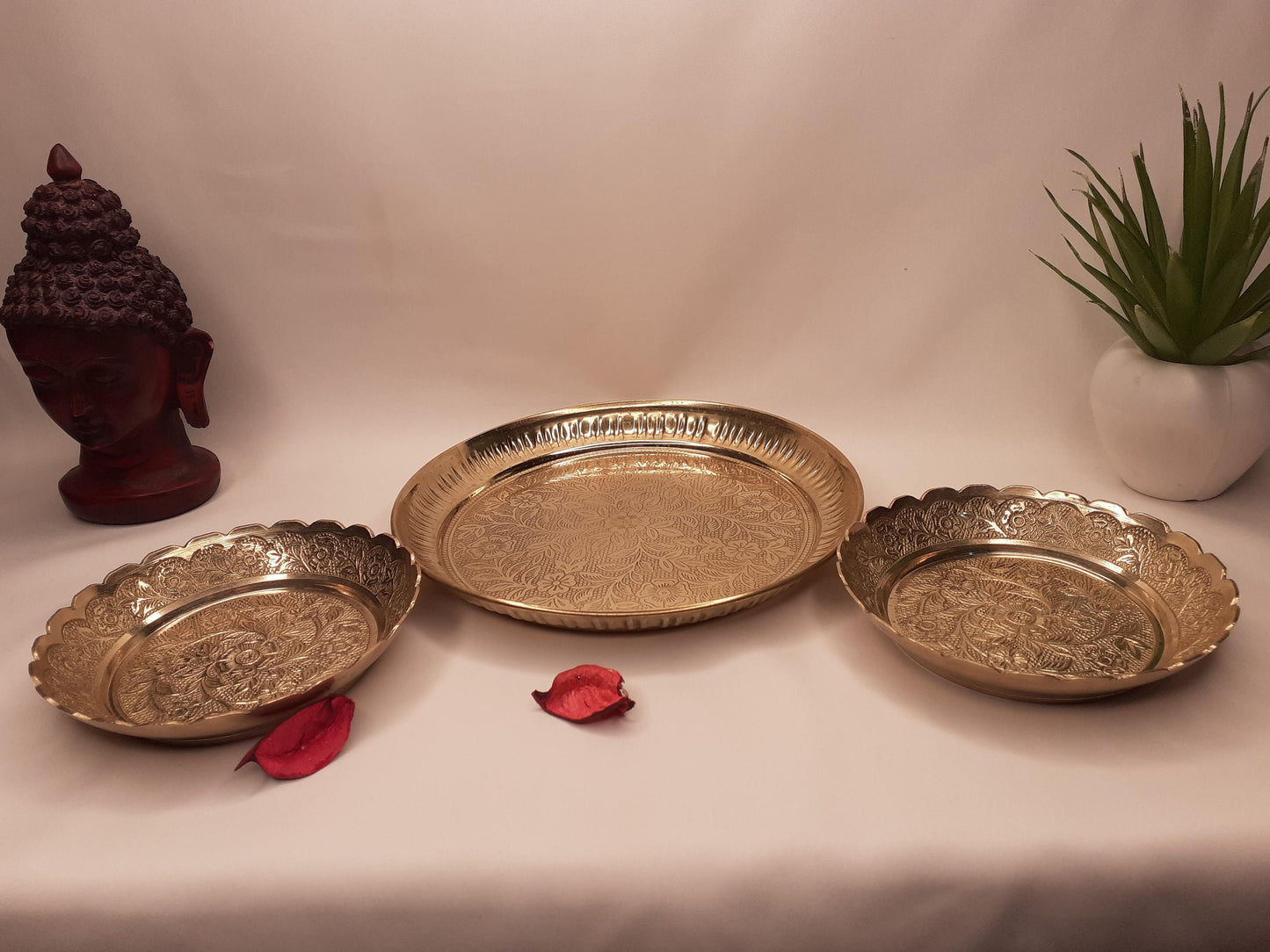Decorative Handcrafted Floral Brass Ritual Prayer Offering Plate,Handmade  Puja Thali with Flower Embossed Design,Brass Altar Plate/Decore