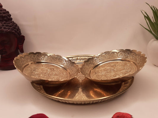 Decorative Handcrafted Floral Brass Ritual Prayer Offering Plate,Handmade  Puja Thali with Flower Embossed Design,Brass Altar Plate/Decore