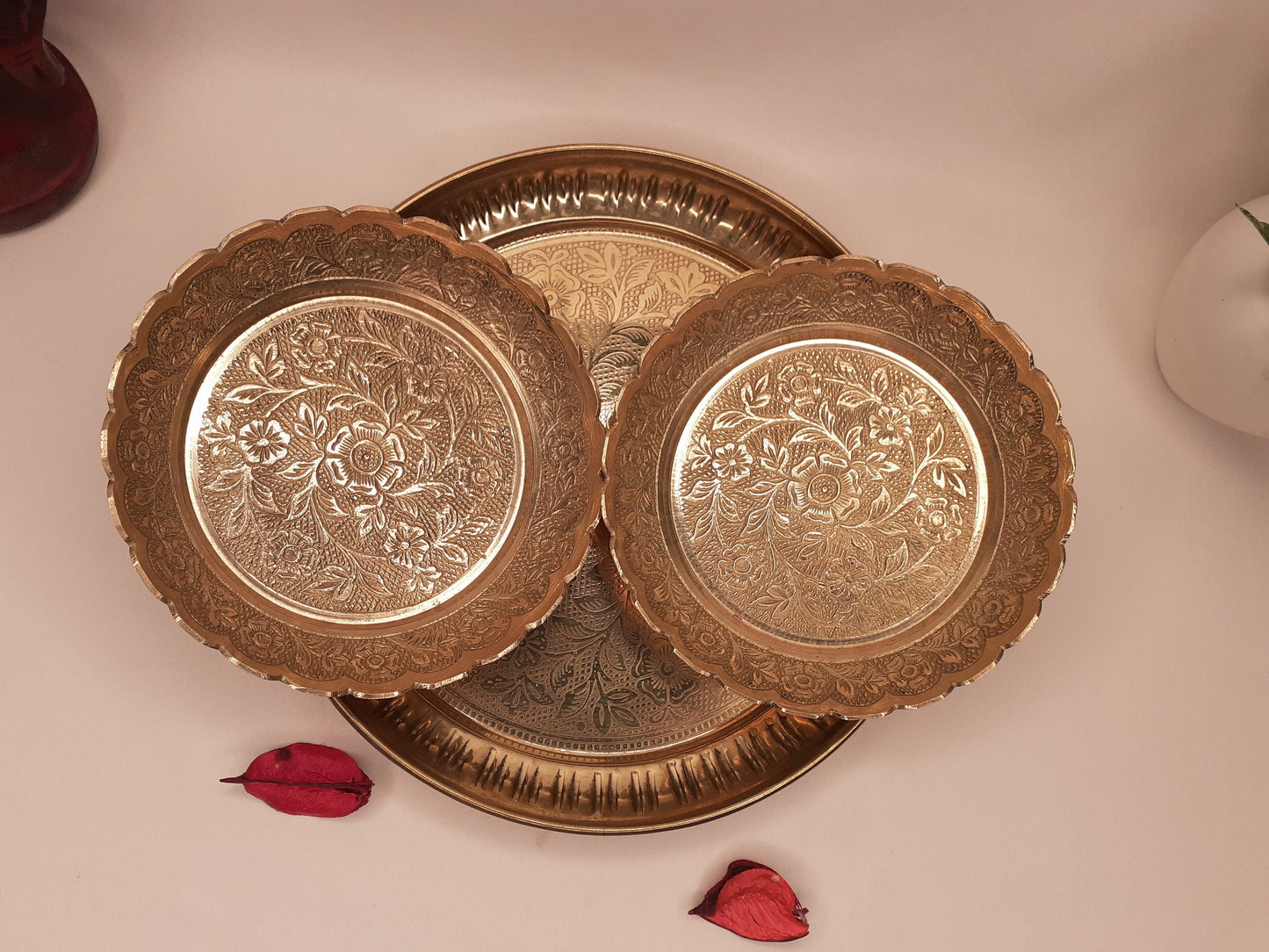 Decorative Handcrafted Floral Brass Ritual Prayer Offering Plate,Handmade  Puja Thali with Flower Embossed Design,Brass Altar Plate/Decore