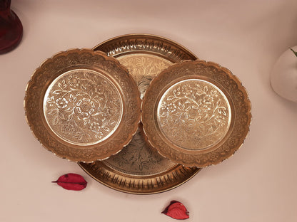 Decorative Handcrafted Floral Brass Ritual Prayer Offering Plate,Handmade  Puja Thali with Flower Embossed Design,Brass Altar Plate/Decore