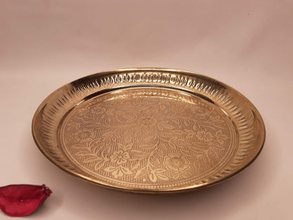 Decorative Handcrafted Floral Brass Ritual Prayer Offering Plate,Handmade  Puja Thali with Flower Embossed Design,Brass Altar Plate/Decore