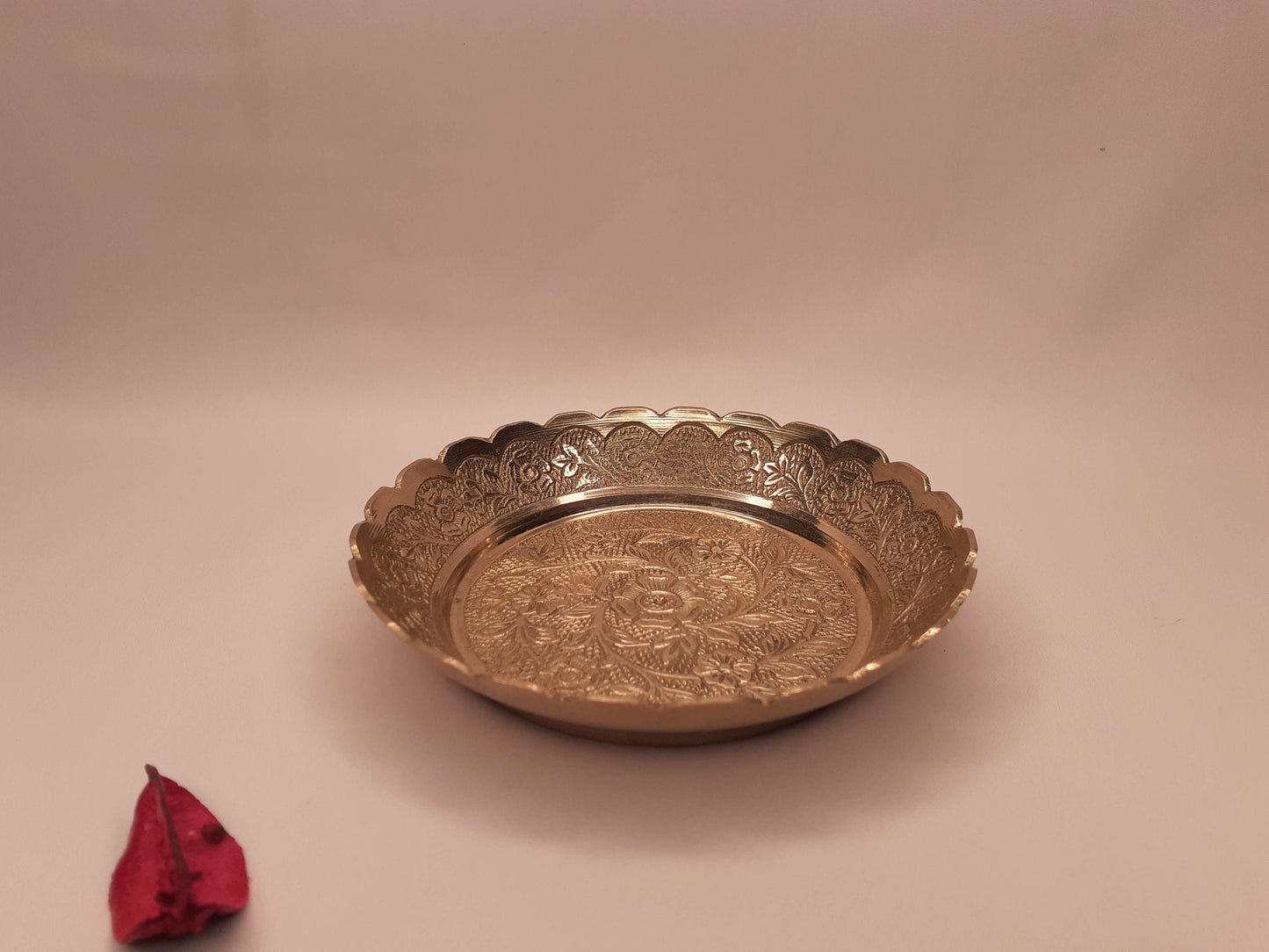 Decorative Handcrafted Floral Brass Ritual Prayer Offering Plate,Handmade  Puja Thali with Flower Embossed Design,Brass Altar Plate/Decore