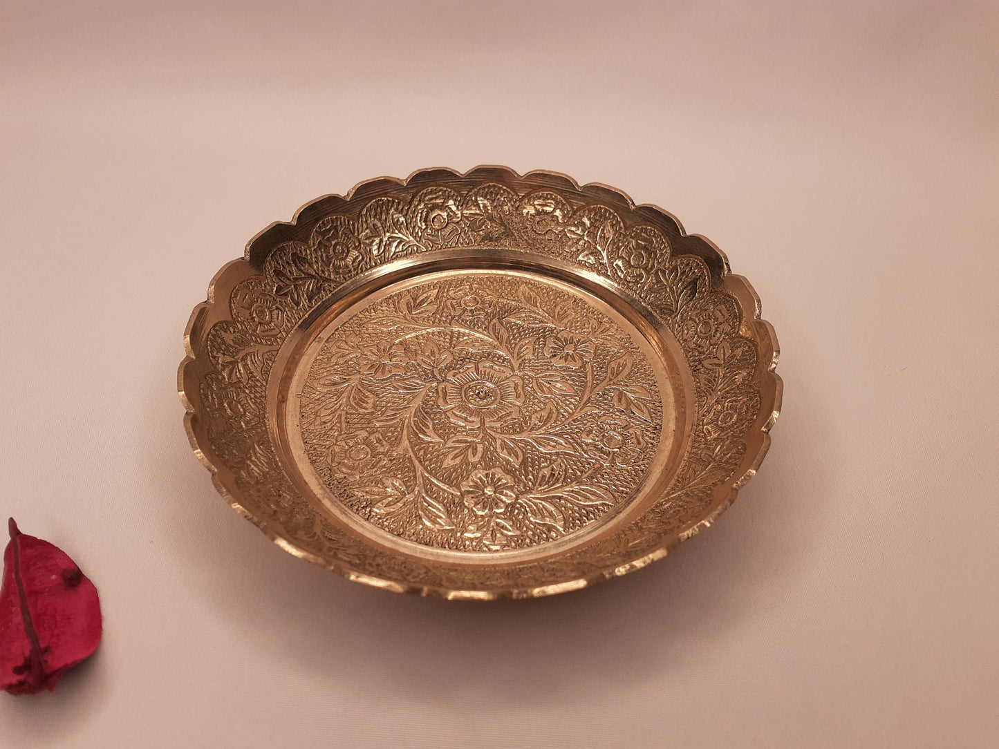 Decorative Handcrafted Floral Brass Ritual Prayer Offering Plate,Handmade  Puja Thali with Flower Embossed Design,Brass Altar Plate/Decore
