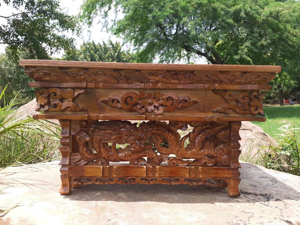 Small Size Dragon Handcarved Foldable Wooden Tibetan Buddhist Altar,Zen Meditation Altar,Dragon Carved Prayer table,Tibetan Alter Table,