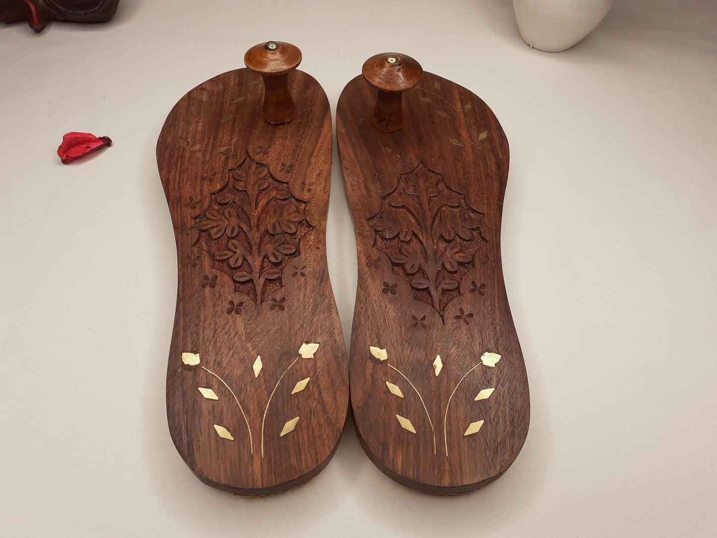 Himalayan"Yogis"Hand Carved Traditional Wooden Slippers, Wooden Charan Paduka with Brass Designed for Yogis, Wood Meditation Sandals