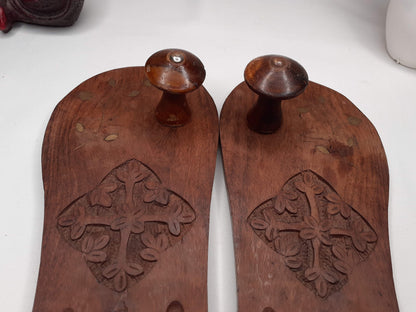 Himalayan"Yogis"Handcrafted Traditional Wooden Slippers,Unique Carved Design , Wooden Charan Paduka with Brass Designed