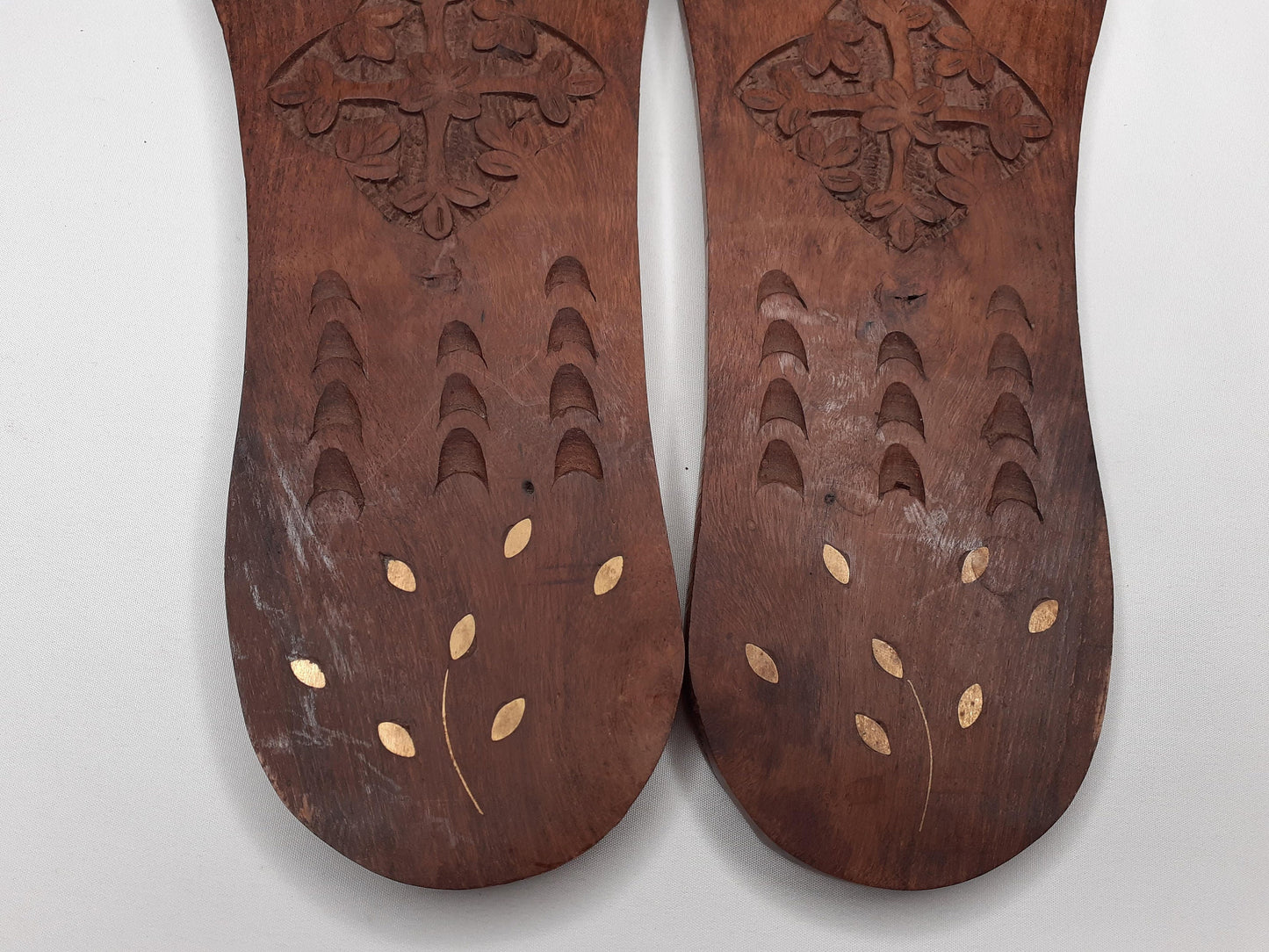 Himalayan"Yogis"Handcrafted Traditional Wooden Slippers,Unique Carved Design , Wooden Charan Paduka with Brass Designed