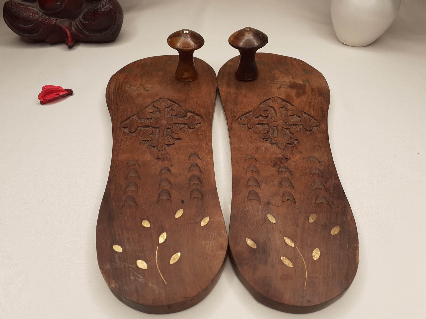 Himalayan"Yogis"Handcrafted Traditional Wooden Slippers,Unique Carved Design , Wooden Charan Paduka with Brass Designed