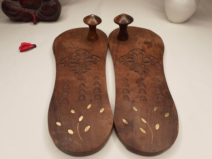 Himalayan"Yogis"Handcrafted Traditional Wooden Slippers,Unique Carved Design , Wooden Charan Paduka with Brass Designed
