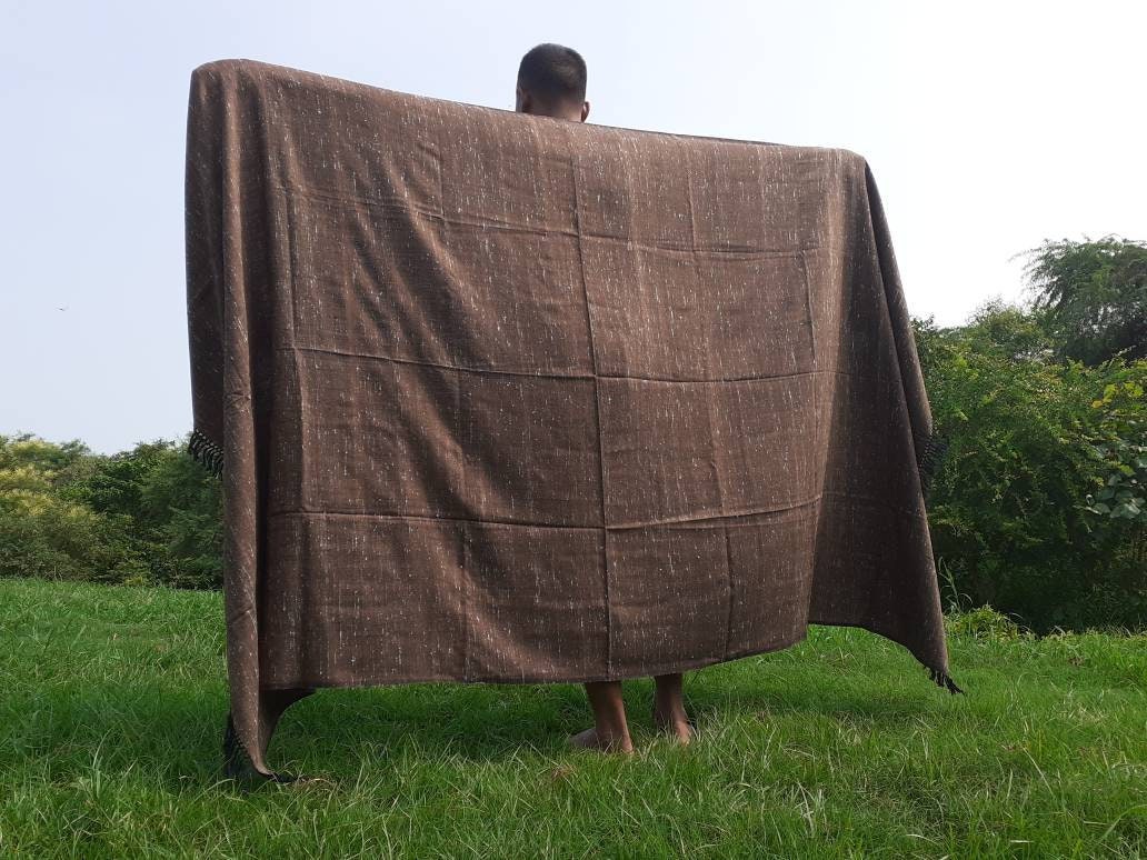 Handwoven Brown Pure Himalayan Sheep Wool Meditation Shawl,Himalayan Prayer Blanket,Kullu Shawl,Ethnic Indian Shawl,Wool Prayer Wrap
