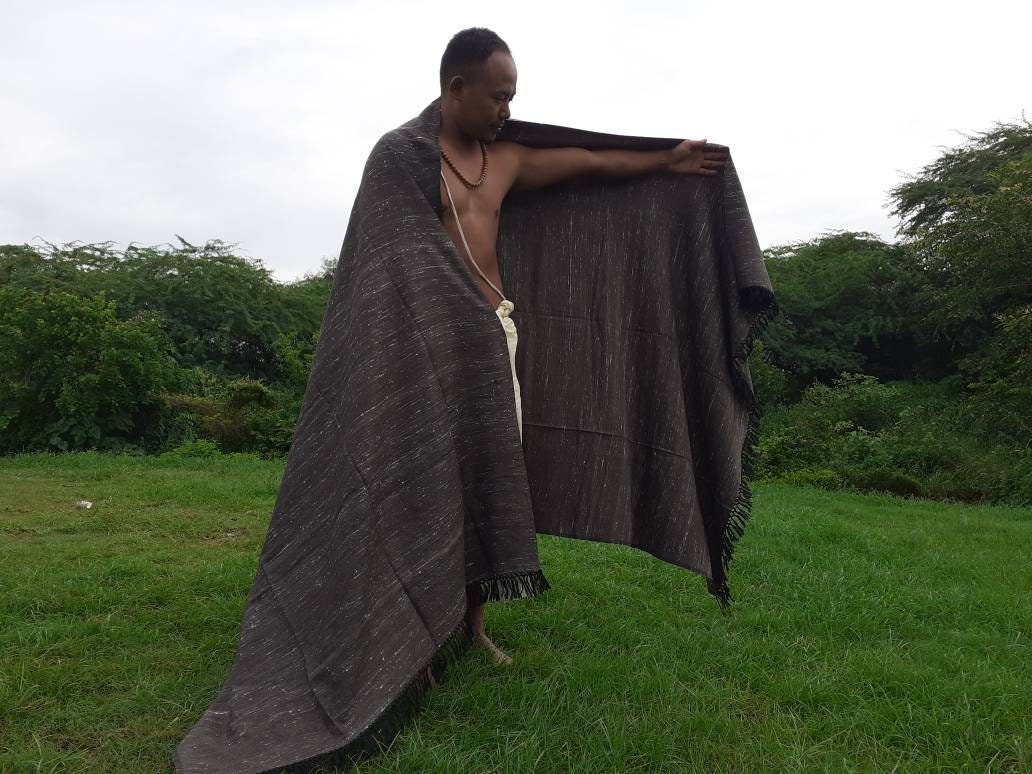 Handwoven Brown Pure Himalayan Sheep Wool Meditation Shawl,Himalayan Prayer Blanket,Kullu Shawl,Ethnic Indian Shawl,Wool Prayer Wrap