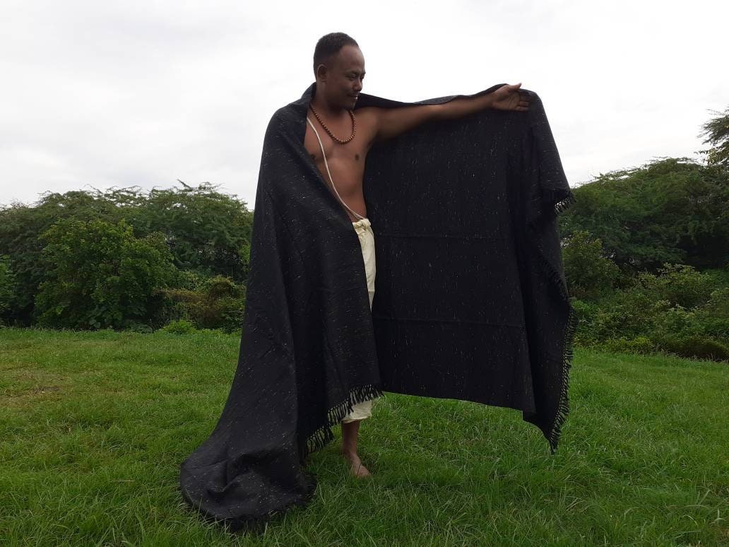 Handwoven Black Pure Himalayan Sheep Wool Meditation Shawl,Himalayan Prayer Blanket,Kullu Shawl,Ethnic Indian Shawl,Wool Prayer Wrap