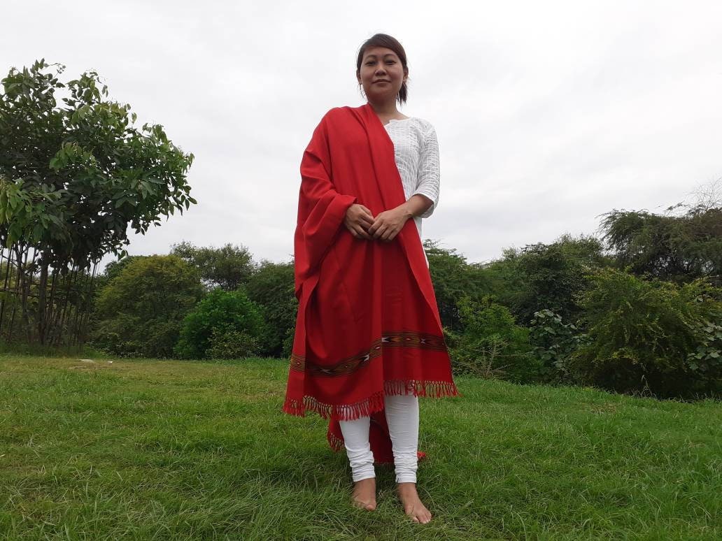 Handwoven Red Pure Himalayan Sheep Wool Meditation Shawl,Himalayan Prayer Blanket,Kullu Shawl,Ethnic Indian Shawl,Wool Prayer Wrap