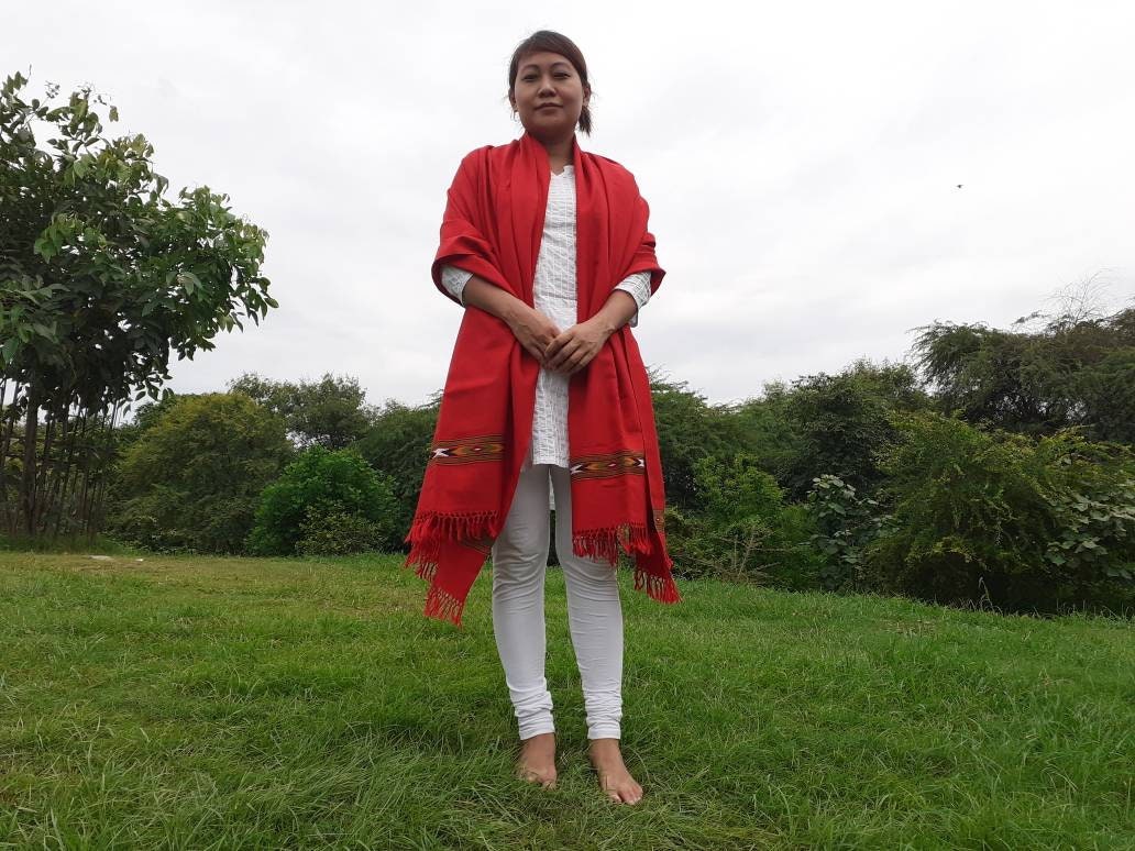 Handwoven Red Pure Himalayan Sheep Wool Meditation Shawl,Himalayan Prayer Blanket,Kullu Shawl,Ethnic Indian Shawl,Wool Prayer Wrap