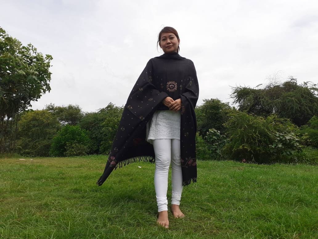 Handwoven Embroidered Black  Himalayan Sheep Wool Meditation Shawl,Himalayan Prayer Blanket,Kullu Shawl,Ethnic Indian Shawl,Wool Prayer Wrap