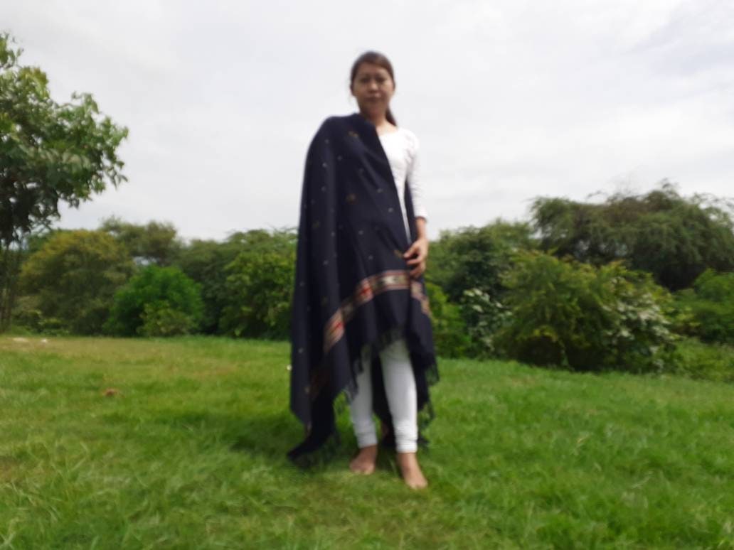 Handwoven Navy Blue Pure Himalayan Sheep Wool Meditation Shawl,Himalayan Prayer Blanket,Kullu Shawl,Ethnic Indian Shawl,Wool Prayer Wrap