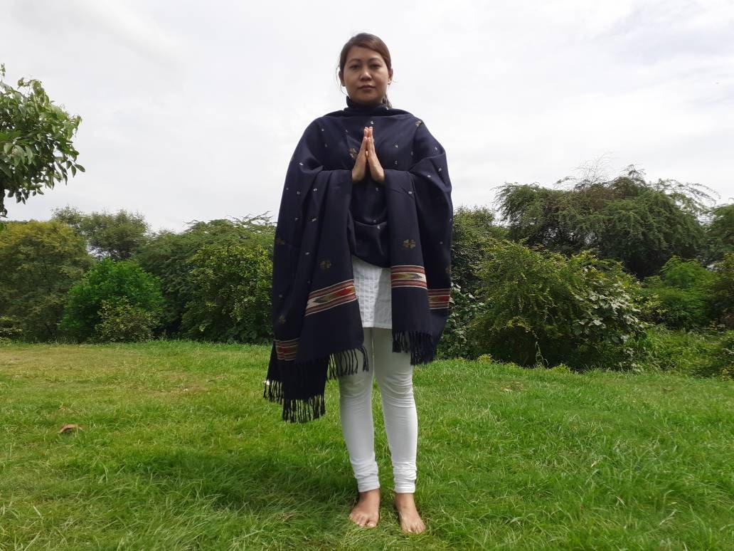 Handwoven Navy Blue Pure Himalayan Sheep Wool Meditation Shawl,Himalayan Prayer Blanket,Kullu Shawl,Ethnic Indian Shawl,Wool Prayer Wrap