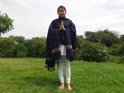 Handwoven Navy Blue Pure Himalayan Sheep Wool Meditation Shawl,Himalayan Prayer Blanket,Kullu Shawl,Ethnic Indian Shawl,Wool Prayer Wrap
