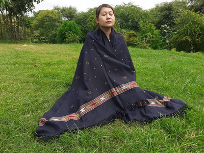 Handwoven Navy Blue Pure Himalayan Sheep Wool Meditation Shawl,Himalayan Prayer Blanket,Kullu Shawl,Ethnic Indian Shawl,Wool Prayer Wrap