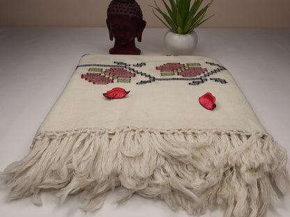 TARA Handwoven Embroidered White Pure Himalayan Sheep Wool Meditation Shawl,Himalayan Prayer Wrap,Ethnic Kullu Indian Floral Scarf/Stole