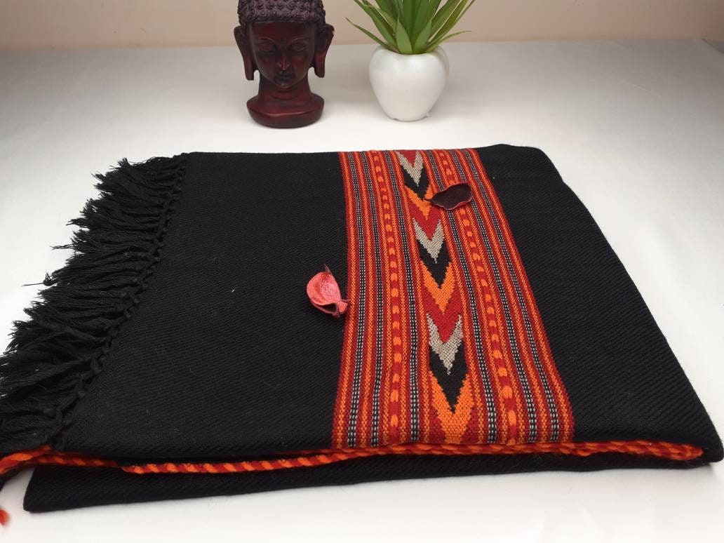 Handwoven Black Pure Himalayan Sheep Wool Meditation Shawl,Himalayan Prayer Blanket,Kullu Shawl,Ethnic Indian Shawl,Wool Prayer Wrap