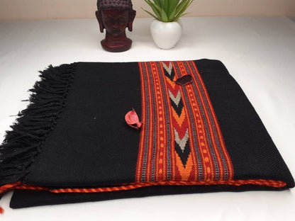 Handwoven Black Pure Himalayan Sheep Wool Meditation Shawl,Himalayan Prayer Blanket,Kullu Shawl,Ethnic Indian Shawl,Wool Prayer Wrap