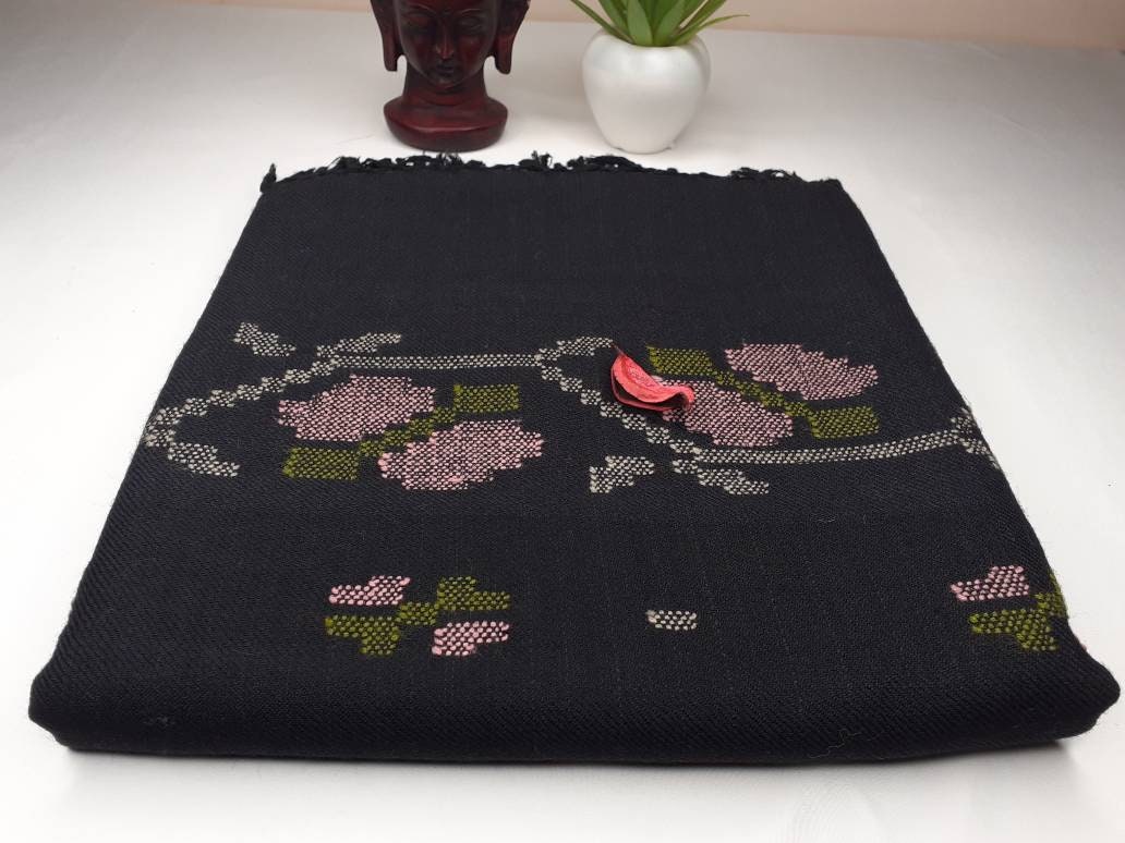 Handwoven Embroidered Black  Himalayan Sheep Wool Meditation Shawl,Himalayan Prayer Blanket,Kullu Shawl,Ethnic Indian Shawl,Wool Prayer Wrap