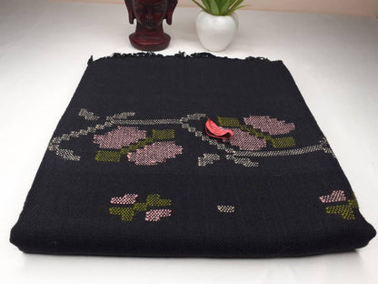 Handwoven Embroidered Black  Himalayan Sheep Wool Meditation Shawl,Himalayan Prayer Blanket,Kullu Shawl,Ethnic Indian Shawl,Wool Prayer Wrap