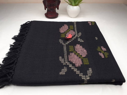 Handwoven Embroidered Black  Himalayan Sheep Wool Meditation Shawl,Himalayan Prayer Blanket,Kullu Shawl,Ethnic Indian Shawl,Wool Prayer Wrap
