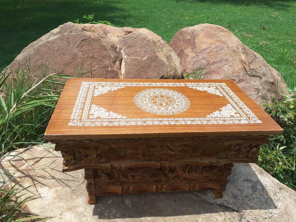 Small Size Dragon Handcarved Foldable Wooden Tibetan Buddhist Altar,Zen Meditation Altar,Dragon Carved Prayer table,Tibetan Alter Table,