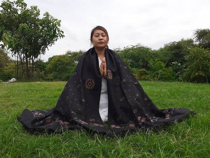 Handwoven Embroidered Black  Himalayan Sheep Wool Meditation Shawl,Himalayan Prayer Blanket,Kullu Shawl,Ethnic Indian Shawl,Wool Prayer Wrap