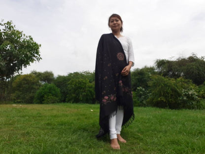 Handwoven Embroidered Black  Himalayan Sheep Wool Meditation Shawl,Himalayan Prayer Blanket,Kullu Shawl,Ethnic Indian Shawl,Wool Prayer Wrap