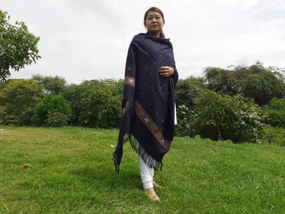 Handwoven Navy Blue Pure Himalayan Sheep Wool Meditation Shawl,Himalayan Prayer Blanket,Kullu Shawl,Ethnic Indian Shawl,Wool Prayer Wrap