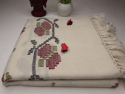 TARA Handwoven Embroidered White Pure Himalayan Sheep Wool Meditation Shawl,Himalayan Prayer Wrap,Ethnic Kullu Indian Floral Scarf/Stole