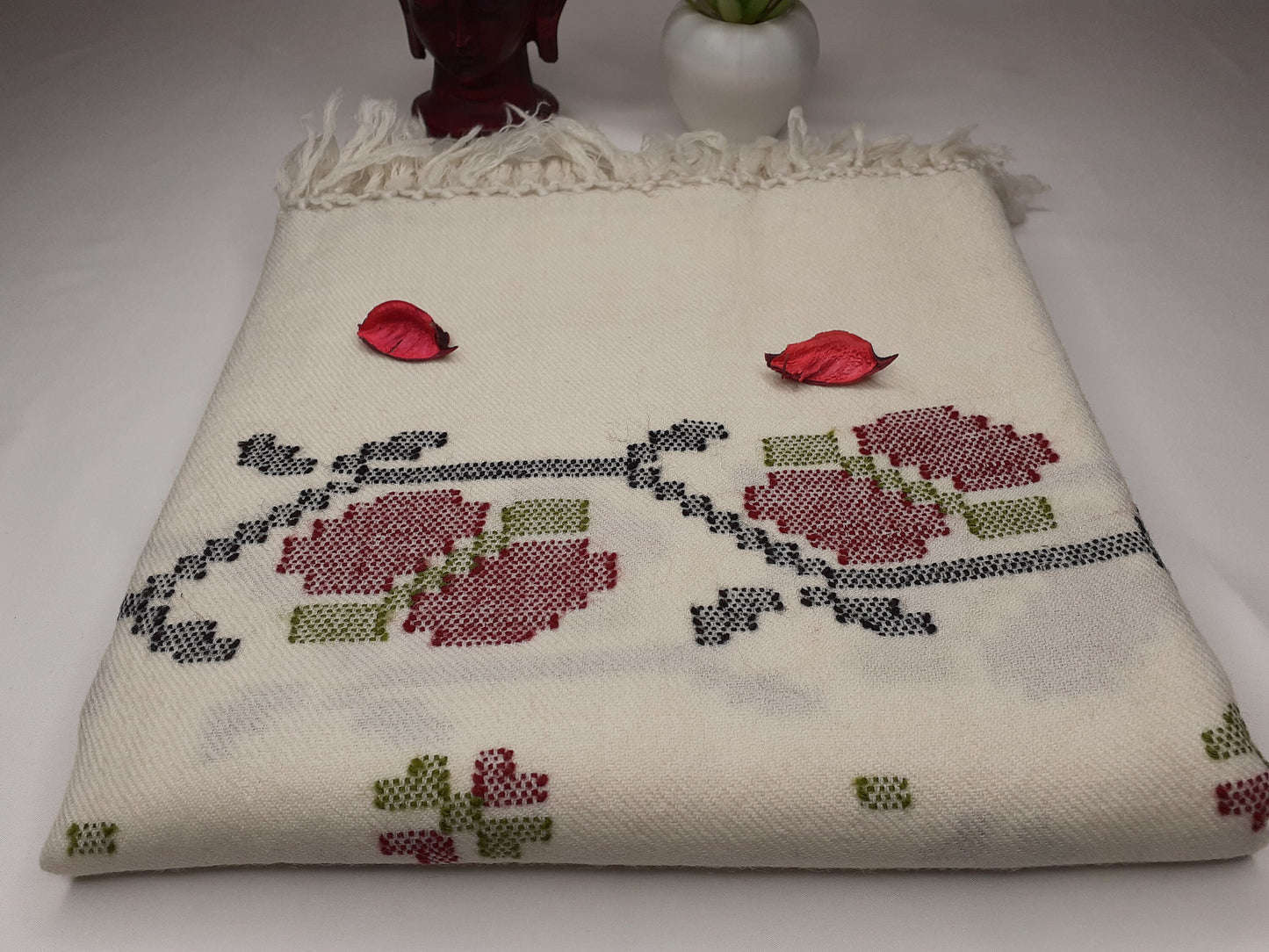 TARA Handwoven Embroidered White Pure Himalayan Sheep Wool Meditation Shawl,Himalayan Prayer Wrap,Ethnic Kullu Indian Floral Scarf/Stole
