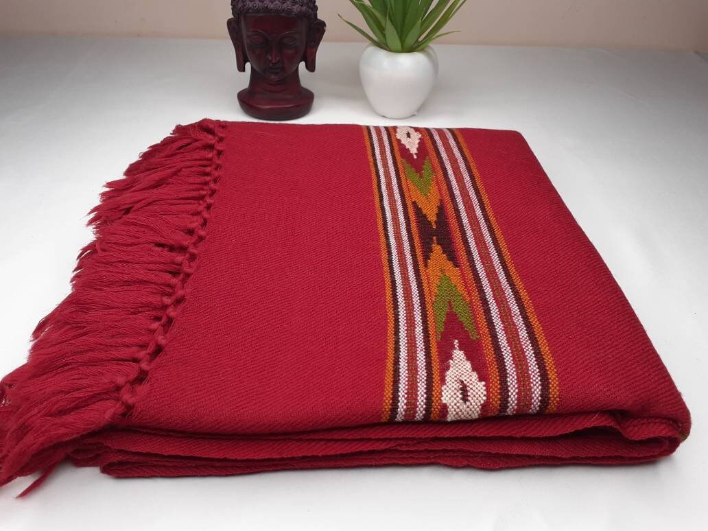 Handwoven Red Pure Himalayan Sheep Wool Meditation Shawl,Himalayan Prayer Blanket,Kullu Shawl,Ethnic Indian Shawl,Wool Prayer Wrap