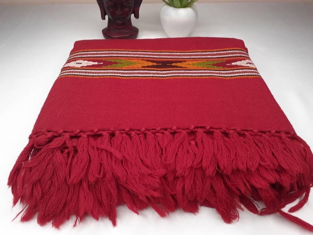 Handwoven Red Pure Himalayan Sheep Wool Meditation Shawl,Himalayan Prayer Blanket,Kullu Shawl,Ethnic Indian Shawl,Wool Prayer Wrap