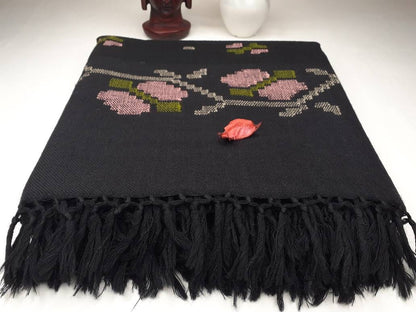 Handwoven Embroidered Black  Himalayan Sheep Wool Meditation Shawl,Himalayan Prayer Blanket,Kullu Shawl,Ethnic Indian Shawl,Wool Prayer Wrap